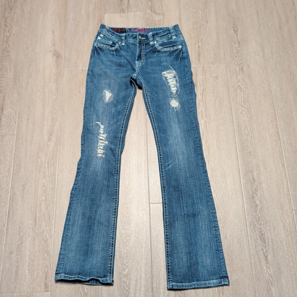 Rock and Roll Cowgirl Bootcut Jeans Distressed Rhinestone Flap Pockets 29x34